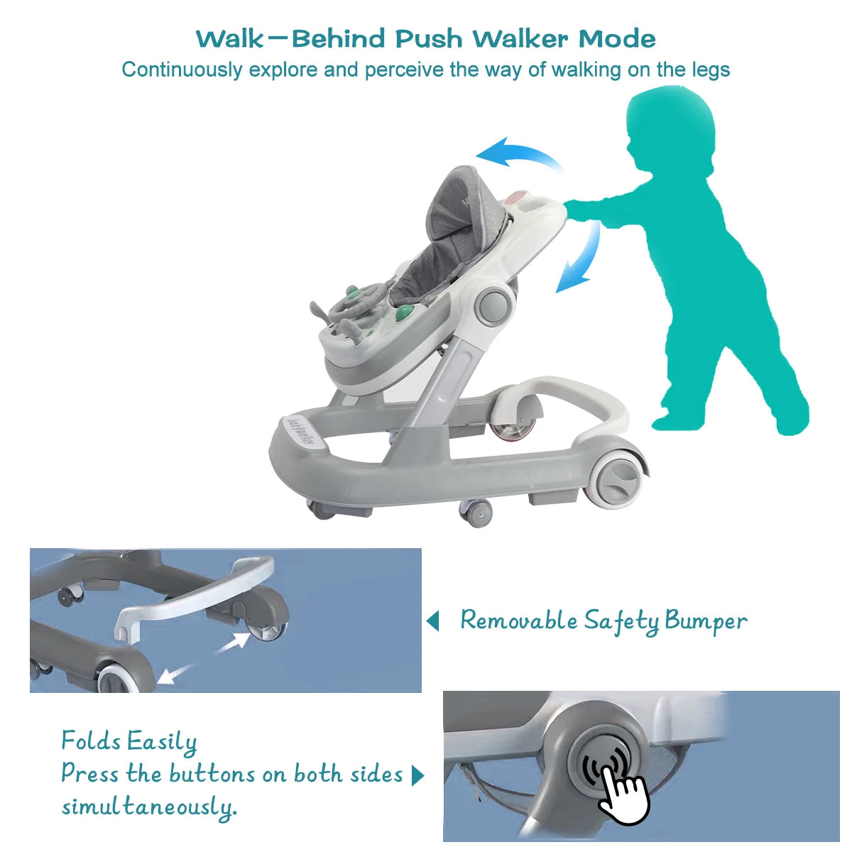 Push Walker with Detachable Feeding and Music Trays