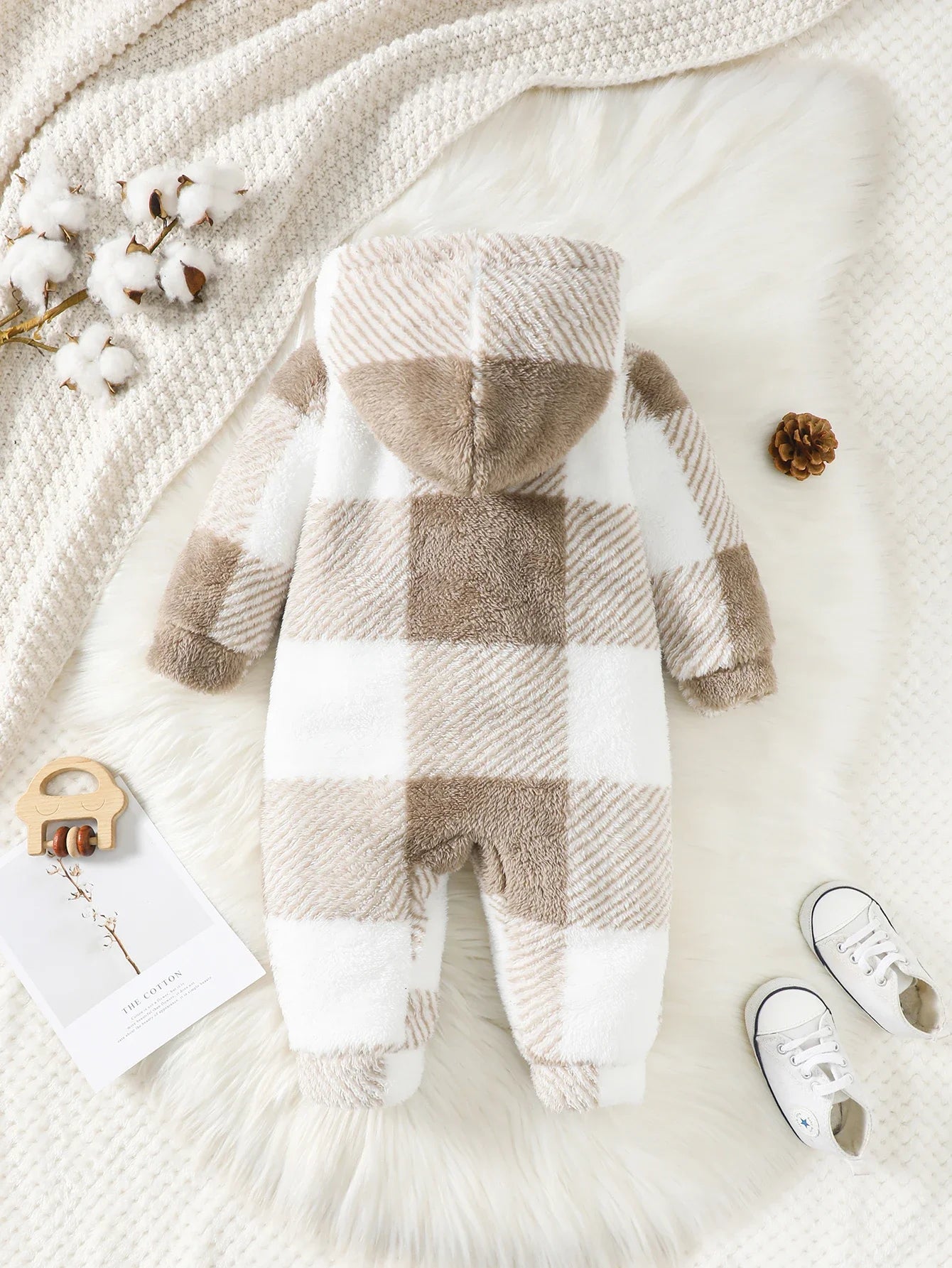 Plaid Hooded Long Sleeved Plush Jumpsuit