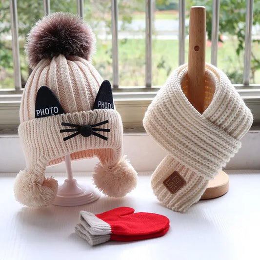 Thickened Knitted Wool Hat Around Bib Gloves Set