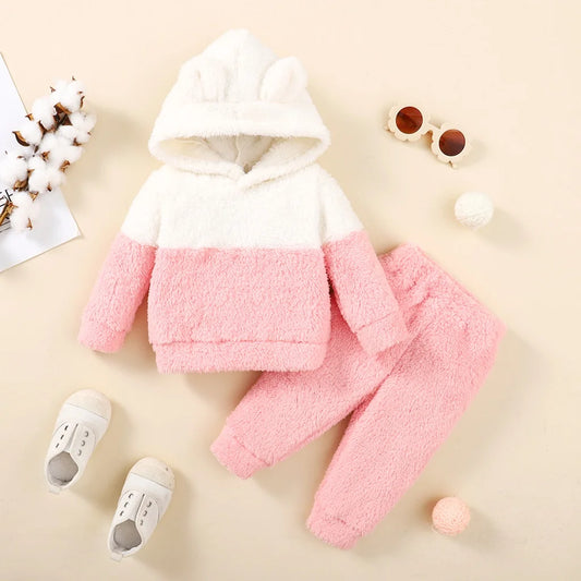 Fluff Hooded Long Sleeve Hoodie Top + Pant Set