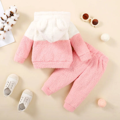 Fluff Hooded Long Sleeve Hoodie Top + Pant Set