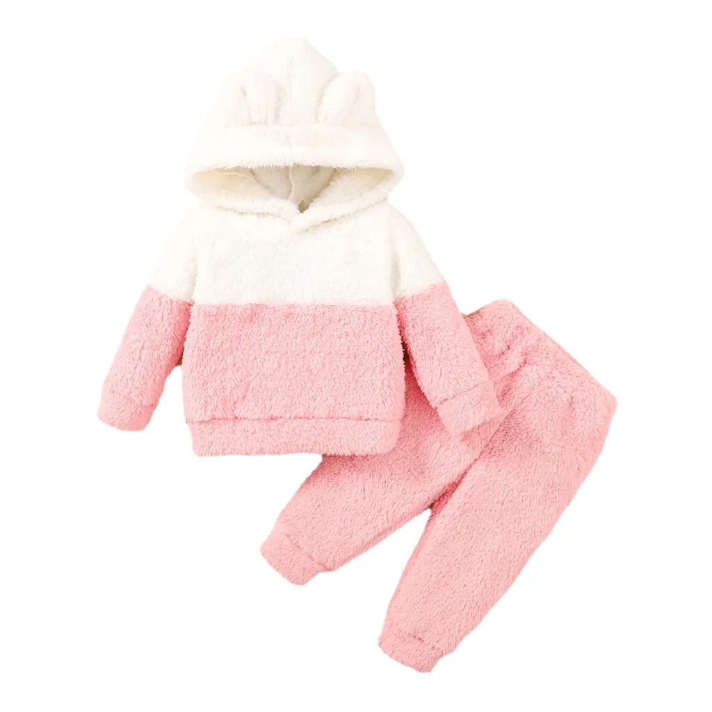 Fluff Hooded Long Sleeve Hoodie Top + Pant Set